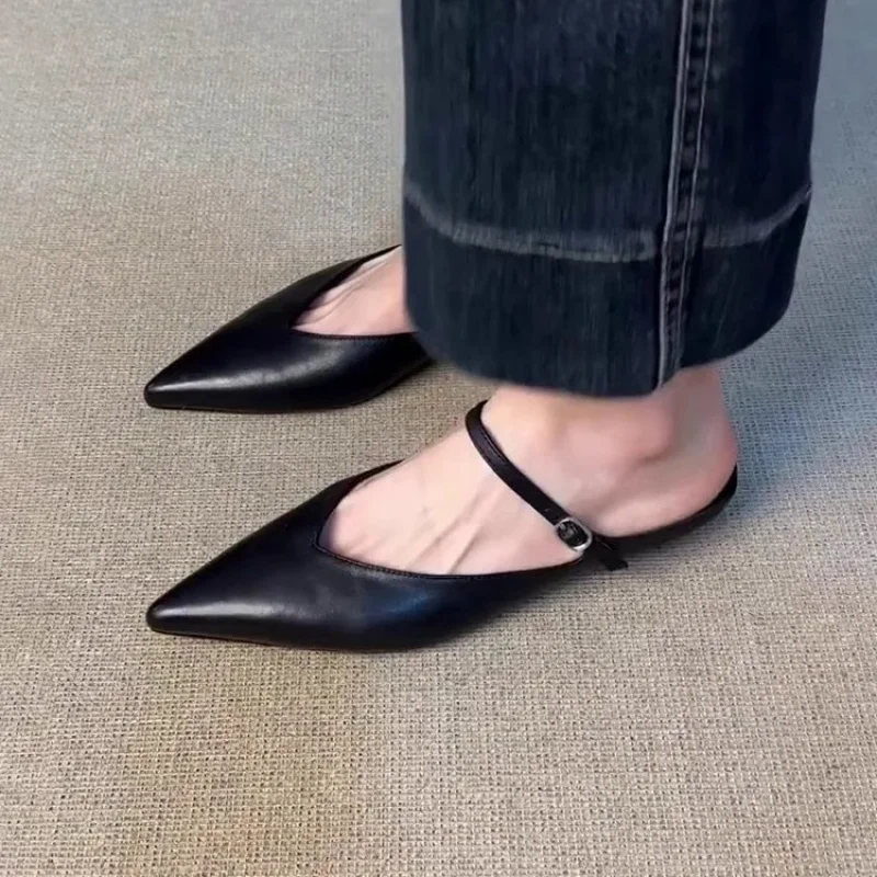 Mules à bout pointu de Style français 2024, chaussures à enfiler à plateforme épaisse avec sangle fine, diapositives rétro élégantes à talons bas pour femmes