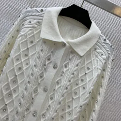 New luxury diamond studded nail bead decorative buckle lapel slimming long sleeved knitted cardigan top