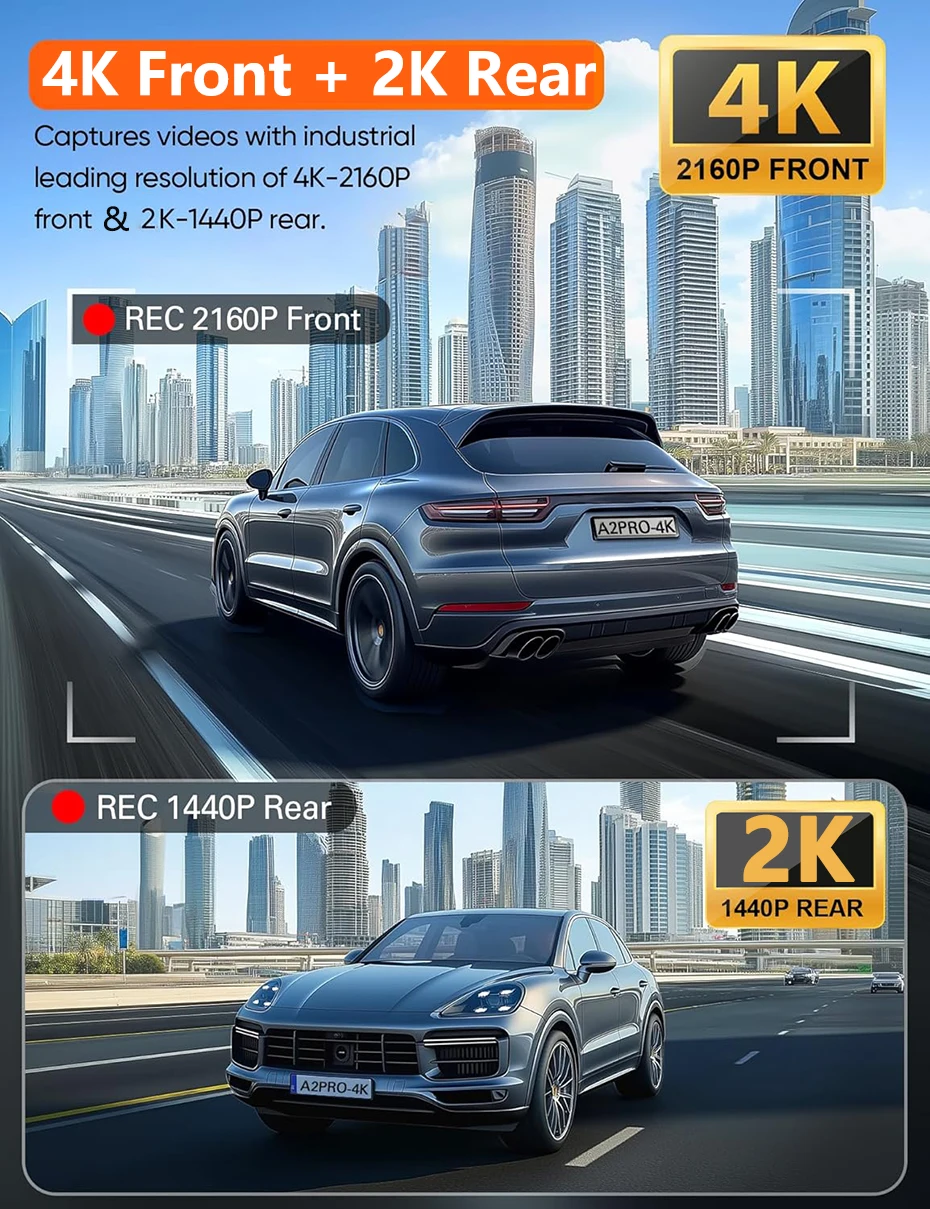 كاميرا أمامية وخلفية 4K و2K مع واي فاي، رؤية ليلية، تسجيل حلقة، مستشعر G، شاشة ركن السيارة 24/7، مسجل فيديو للسيارة