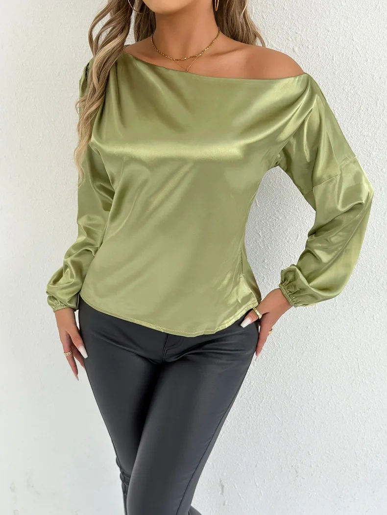 

Summer 2025 New Women's Satin Shirt, White Long-sleeved European and American Satin Shirt