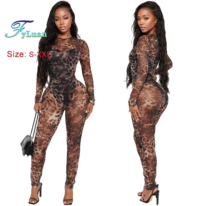 

Сексуальные облегающие комбинезоны, женская одежда, леопардовый сетчатый принт, полуперспективный комбинезон, боди с длинными рукавами, одежда для ночного клуба и клуба