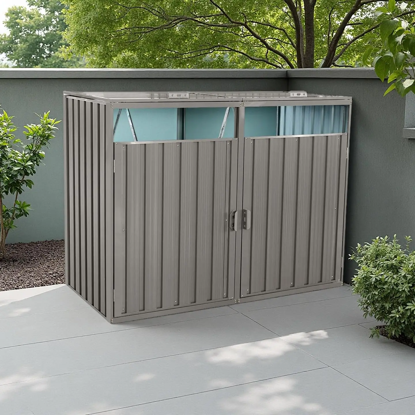Galvanized Steel Trash Can Shed for 2 Bins, Weather-Resistant Ventilated Lockable Outdoor Garbage Storage, Customized