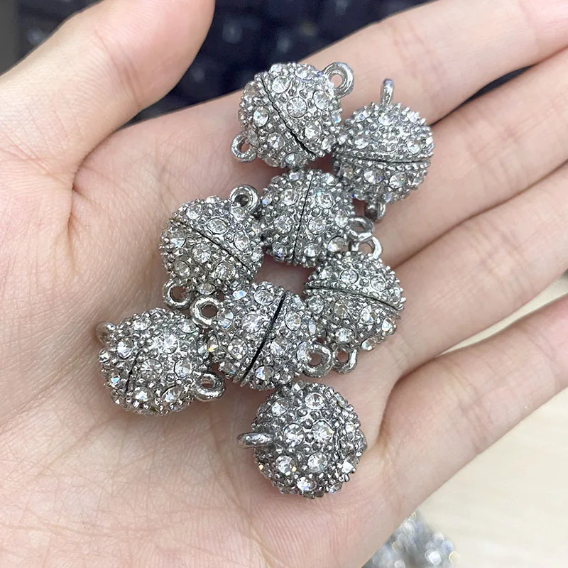 Rhodium Warna Magnetic Bulat Kalung Terlihat Gesper Kristal Manik-manik Membuka Temuan Perhiasan 100Pc Per Lot