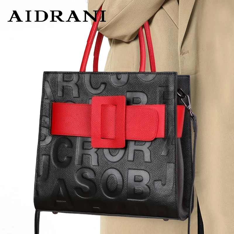 Aidrani new high-capacity genuine leather handbag    fashion letter printing design luxury brands cowhide square bag