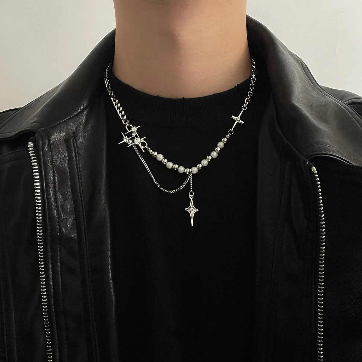 Punk Cross Star Natural Stone Beaded Necklace Goth Cross Chain Necklace Kpop Pendant Necklaces for Women Party Jewelry