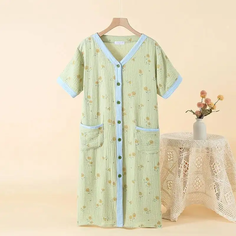 

Летний женский двухслойный марлевый хлопковый кардиган с v-образным вырезом и пуговицами, домашняя одежда, банное полотенце с короткими рукавами, ночное платье больших размеров