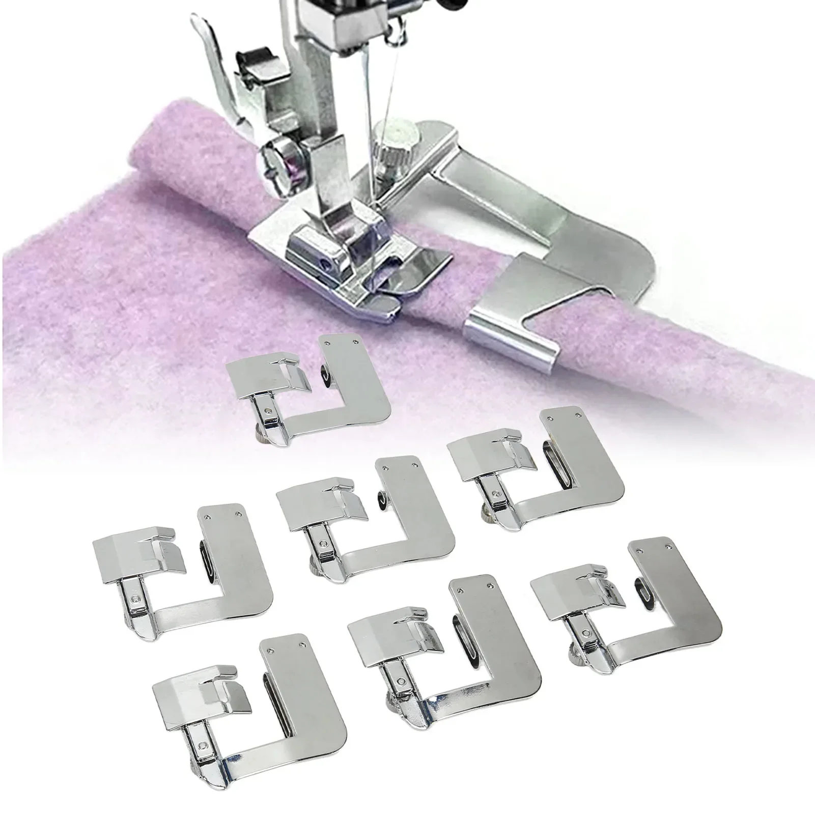 

Пресс-ножка для подгибки края в 7 размерах: 8/8 дюйма, 7/8 дюйма, 6/8 дюйма, 5/8 дюйма, 4/8 дюйма, 3/8 дюйма, 2/8 дюйма