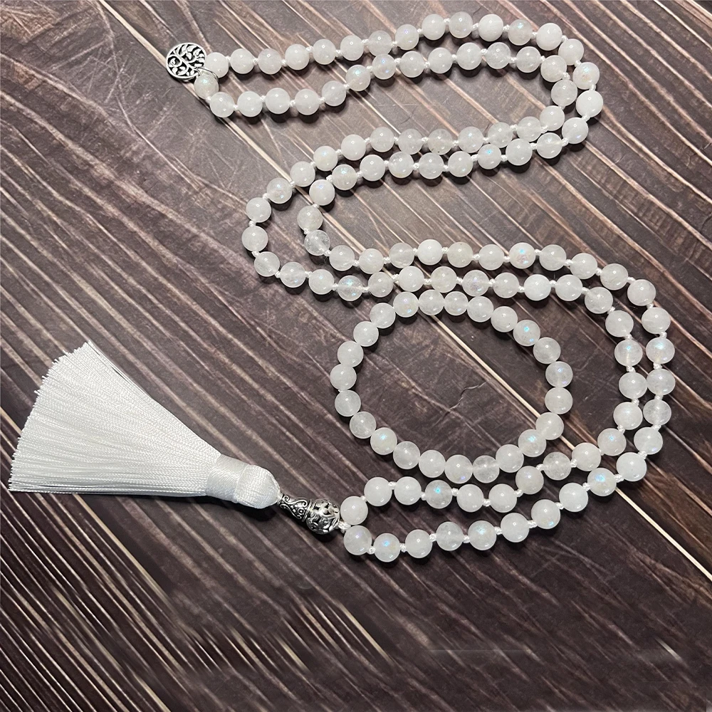 8mm Moon Stone Beaded Knot 108 Mala Necklace Bracelet Set Meditation Yoga Prayer Japamala Jewelry for Men and Women