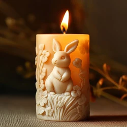 3D DIY Rabbit Relief Cylinder Candle Silicone Mold Vertical Ear Rabbit Flower Resin Mould Easter Rabbit Relief Gypsum Molds