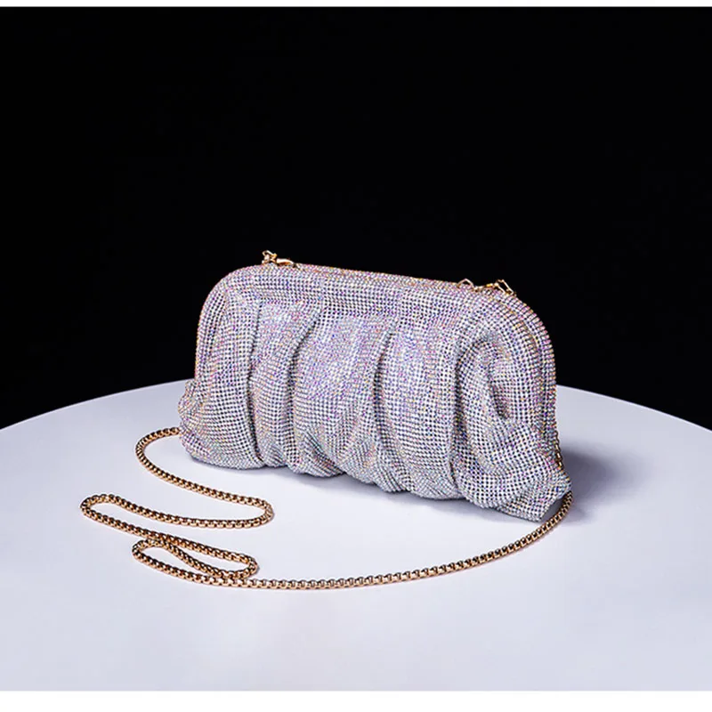 TOPHIGH Newly Premium Handmade Diamond-encrusted Clutch Bag Pleated Chain Rhinestone Cloud Clip Dinner Purse Single Shoulder Bag