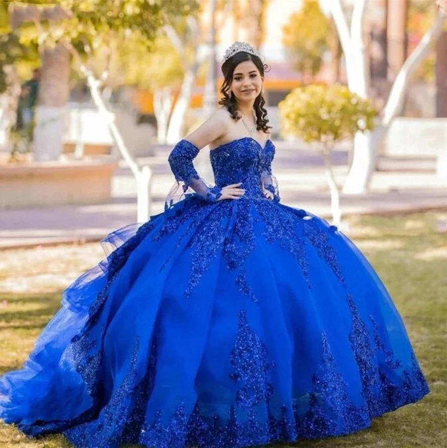 Gaun putri quineanera biru Royal antik Vestido De 15 Anos berkilau berpayet gaun pesta ulang tahun Cinderella