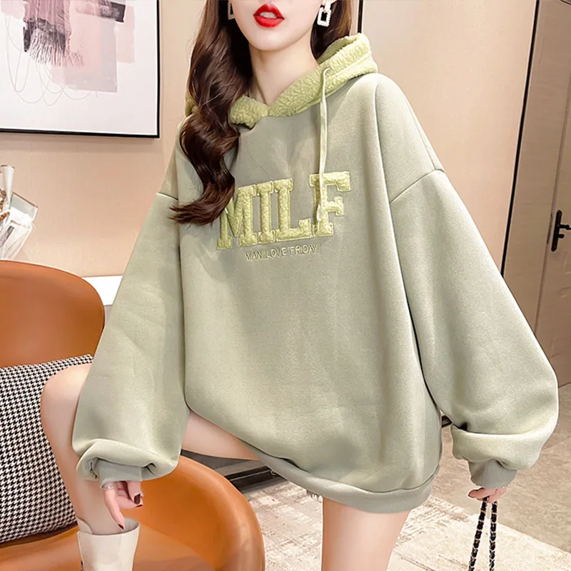 Letter Print Lamb Wool Hoodies Women Fleece Oversize Korean Style Sweatshirts Female 2023 Autumn Girls Casual Pullovers Kpop