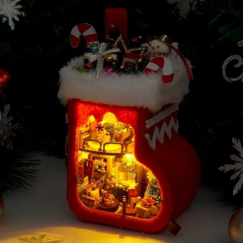 Wooden Christmas Stocking with Furniture Handmade with LED Lights Miniature Dollhouse Kit Glowing DIY Christmas Cottage Model