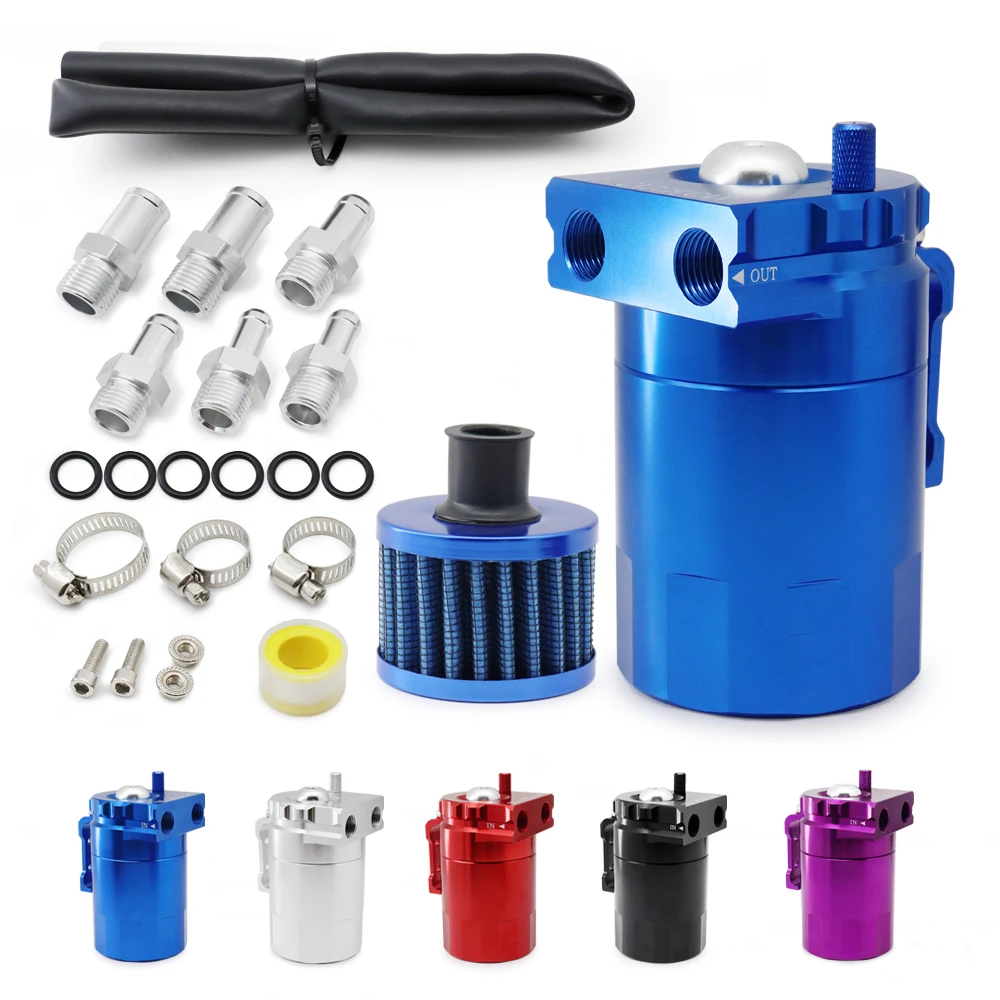 

Universal Baffled Aluminum Oil Trap Reservoir Fuel Catch Tank With Air Filter Red Black Blue Silver Purple Oil Catch Can Kit