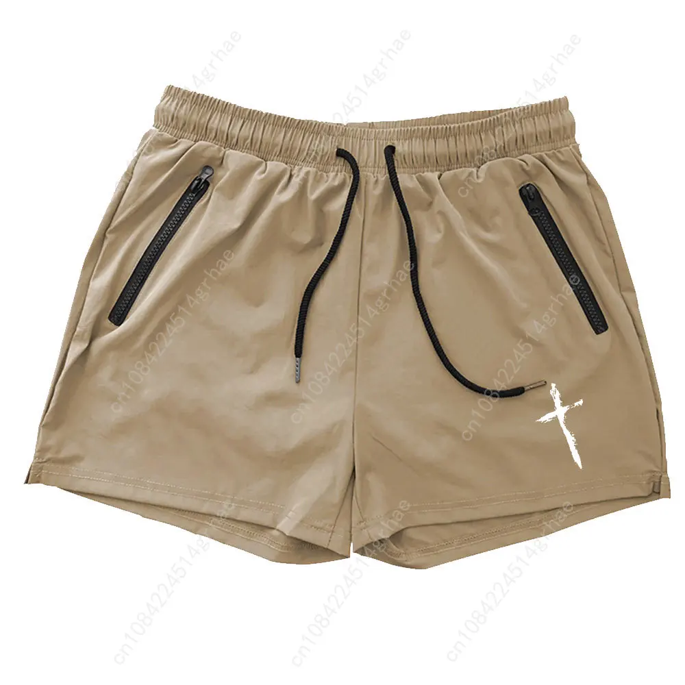 Men's Cross Print Beach Shorts Summer Quick Dry Side Double Zipper Pockets Design Running Basketball Training Gym Shorts