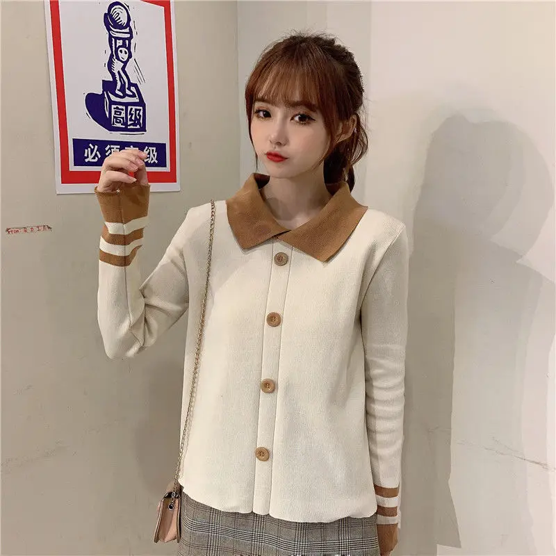 Spring Autumn New Doll Collar Long Sleeve Fashion Sweater Women High Street Button Patchwork Pullovers Elegant All-match Tops