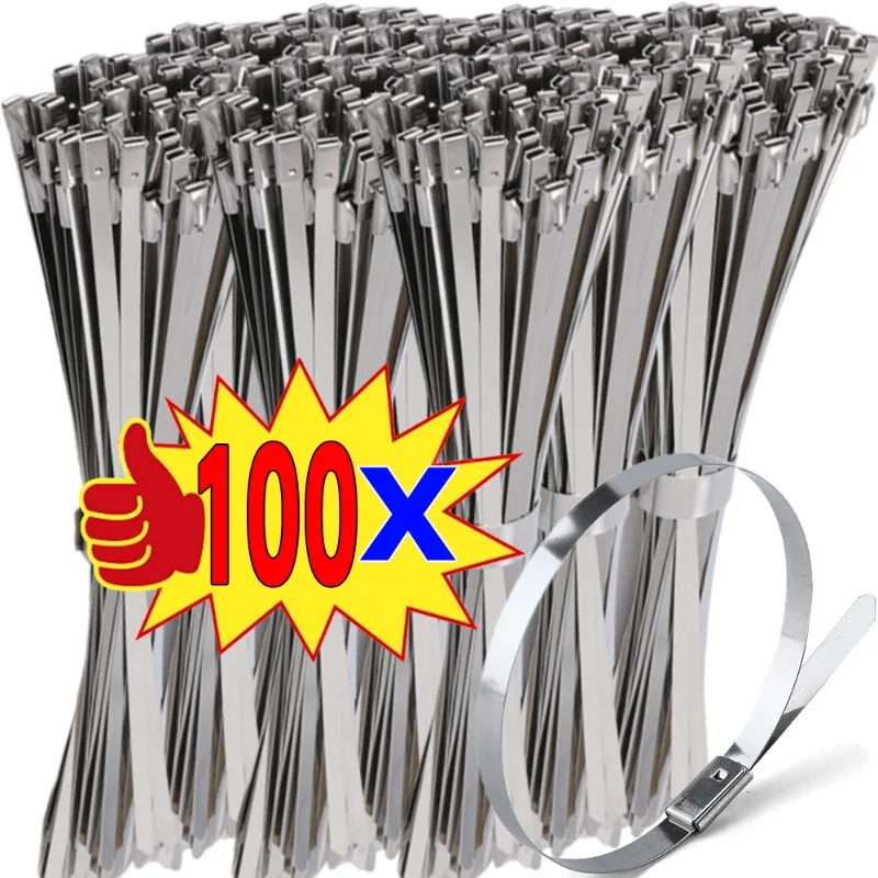 100PCS 304 Stainless Steel Zip Ties Width 4.6mm Heavy Duty Multi-Purpose Self-Locking Cable Ties for Machinery Vehicles Exhaust image 2