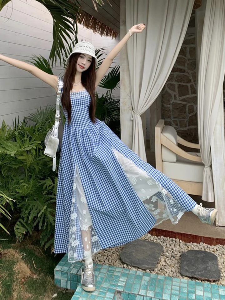 Zoki Sweet Plaid Long Dress Beach Style Women Elegant Lace