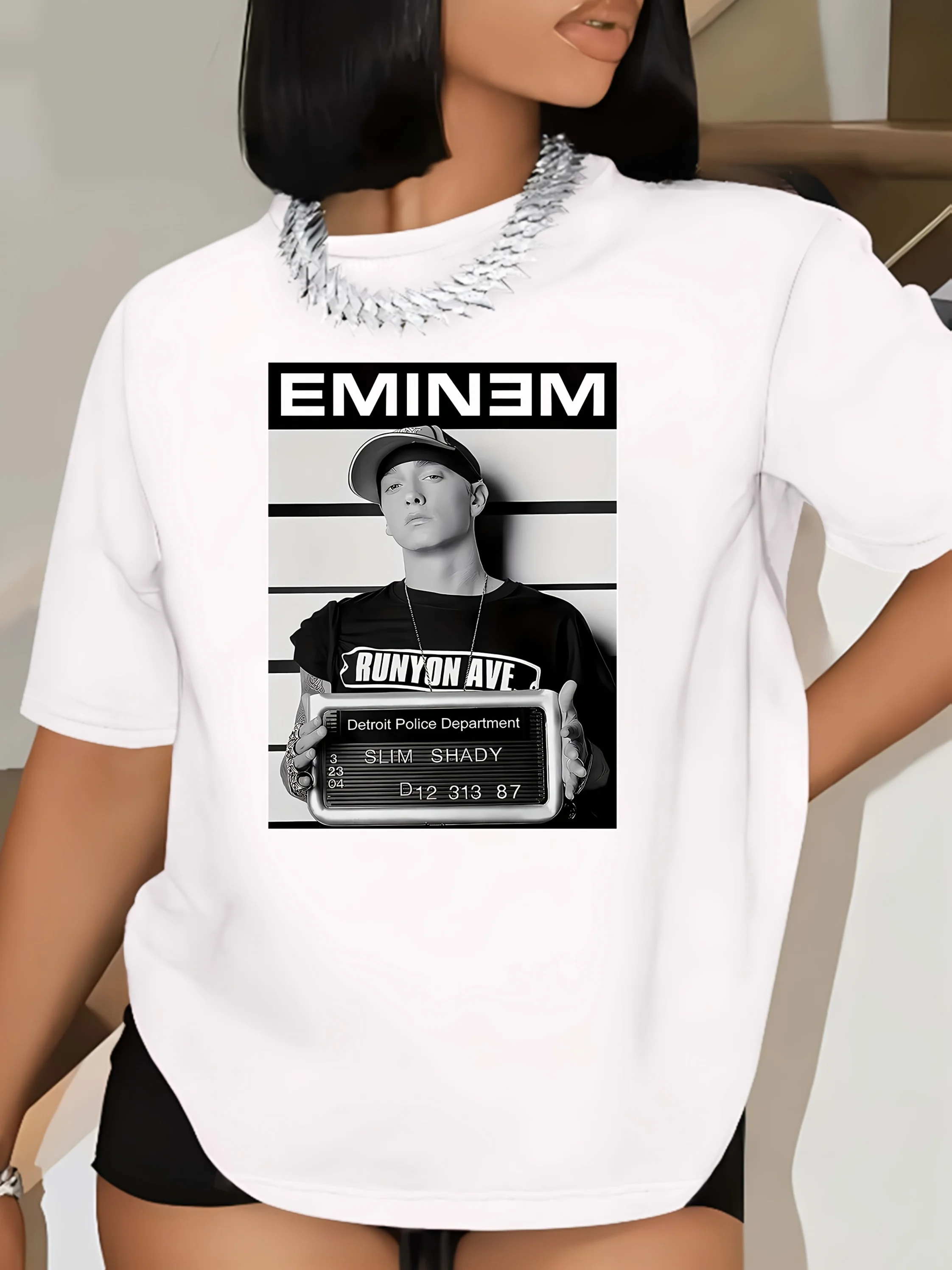 

EMINEM футболка с принтом рэпера и портрета, повседневная футболка с круглым вырезом и короткими рукавами для женщин, всесезонная футболка обычной длины, футболка рэпера