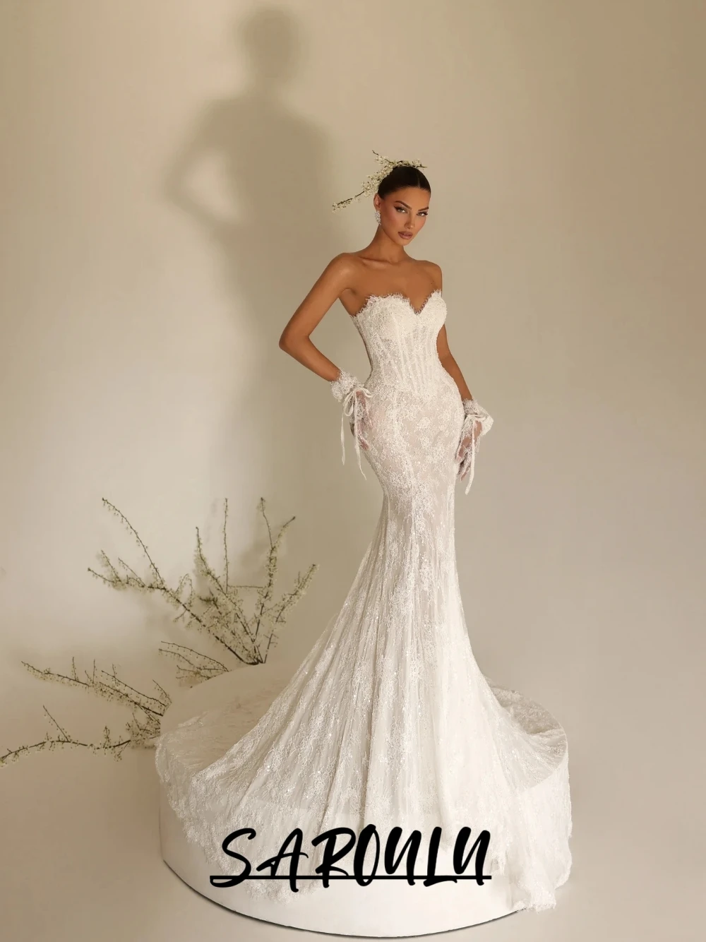 Sweetheart Neck Lace Wedding Dress, Romantic Dazzling Mermaid Bridal Gown, Sheer Back, No Veil, Customized Delicate Beaded Wear