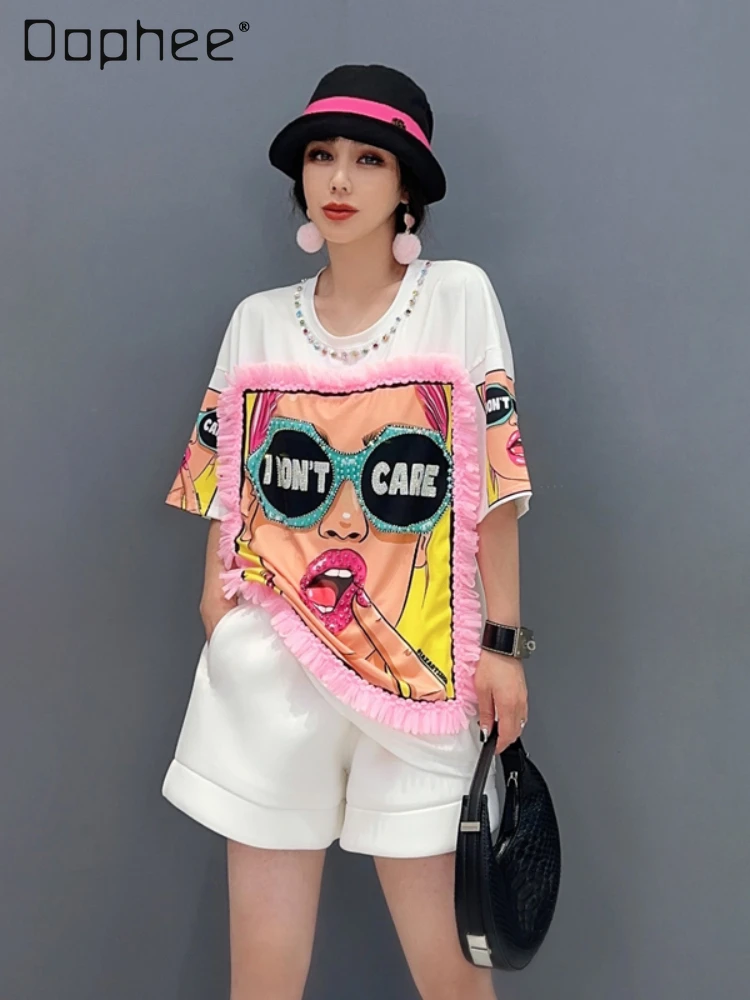 

2024 Summer New Heavy Industry Diamond Printed T-shirt Female Fashion Mesh Wooden Ear Casual Loose Cartoon Top for Women