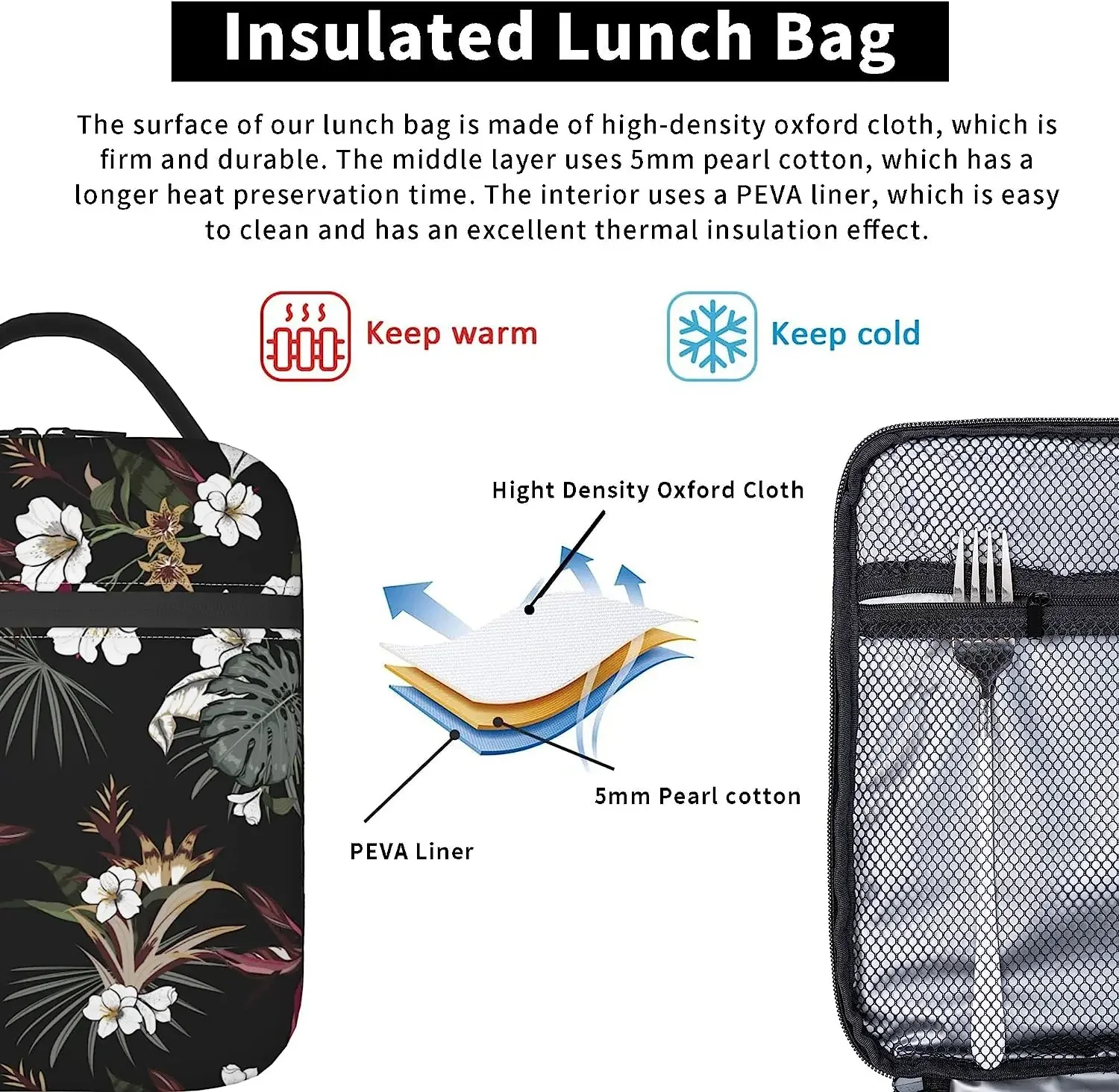 White Flower Print Thermal Lunch Box for Women Girls Insulated Lunch Bag Reusable Portable Cooler Bags for Work Picnic Travel