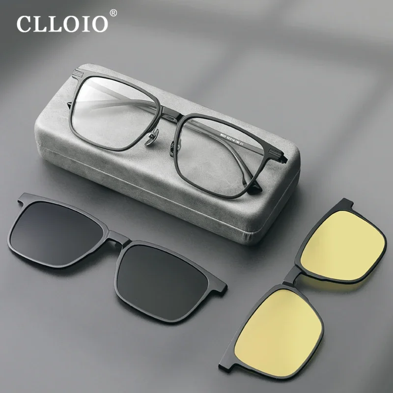 CLLOIO Übergroße quadratische 3-in-1-Brillenfassung mit magnetischem Clip, trendige polarisierte Sonnenbrille für Herren, TR90 optische Computerbrille