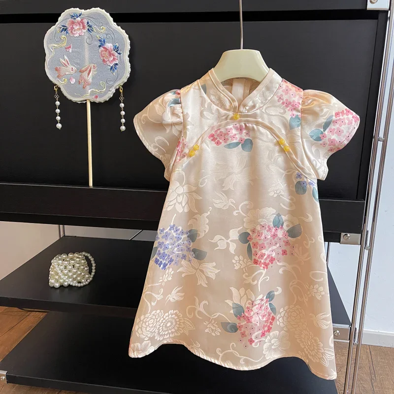 

2025Girls' Summer New Cheongsam Collar Retro Chinese Style Cheongsam Dress