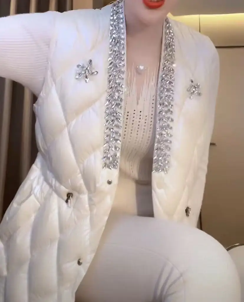 الفاخرة البريق الماس الخريف الشتاء المرأة سليم صالح سترة سترة القطن سترة مبطنة الإناث أكمام صدرية دافئة القمم