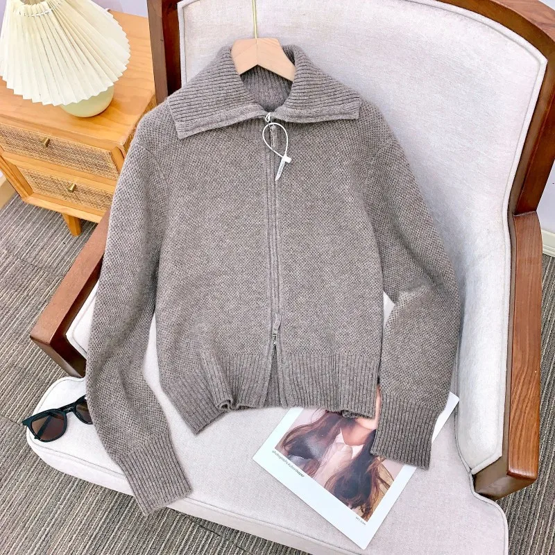 

Женский вязаный кардиган из тибетской шерсти с высоким воротником и двусторонней молнией, модель Love at First Sight, удобный прямой крой S...