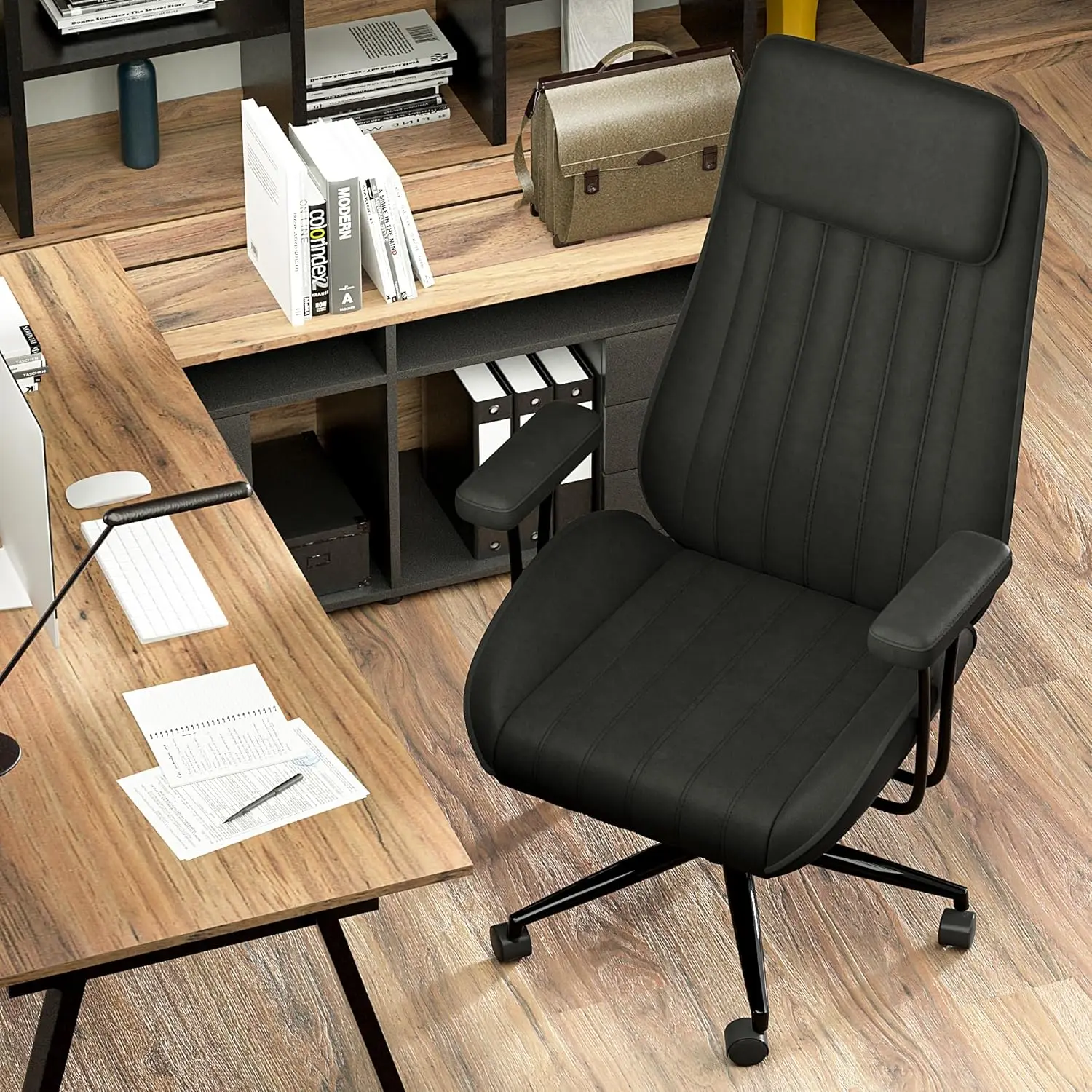 

Кожаное настольное кресло больших размеров, винтажное офисное кресло с колесами и подлокотниками, регулируемое по высоте настольное кресло середины века (Bla