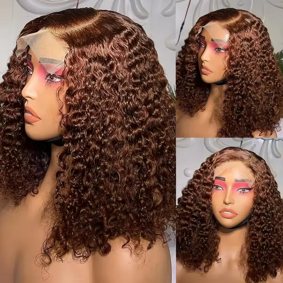 13x4 Brown Curly Hair Short Wigs Deep Wave 200Density Chocolate HD Lace Bob Wig Pre Plucked Human Hair 100%  For Women image 4