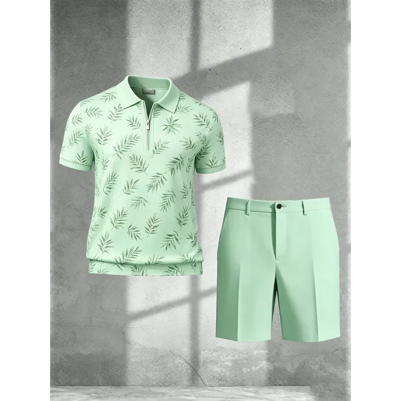 1 top (without pants) Men's Casual Leaf Pattern Four Corner Zip Polo Shirt with 3D Digital Mint Greenery