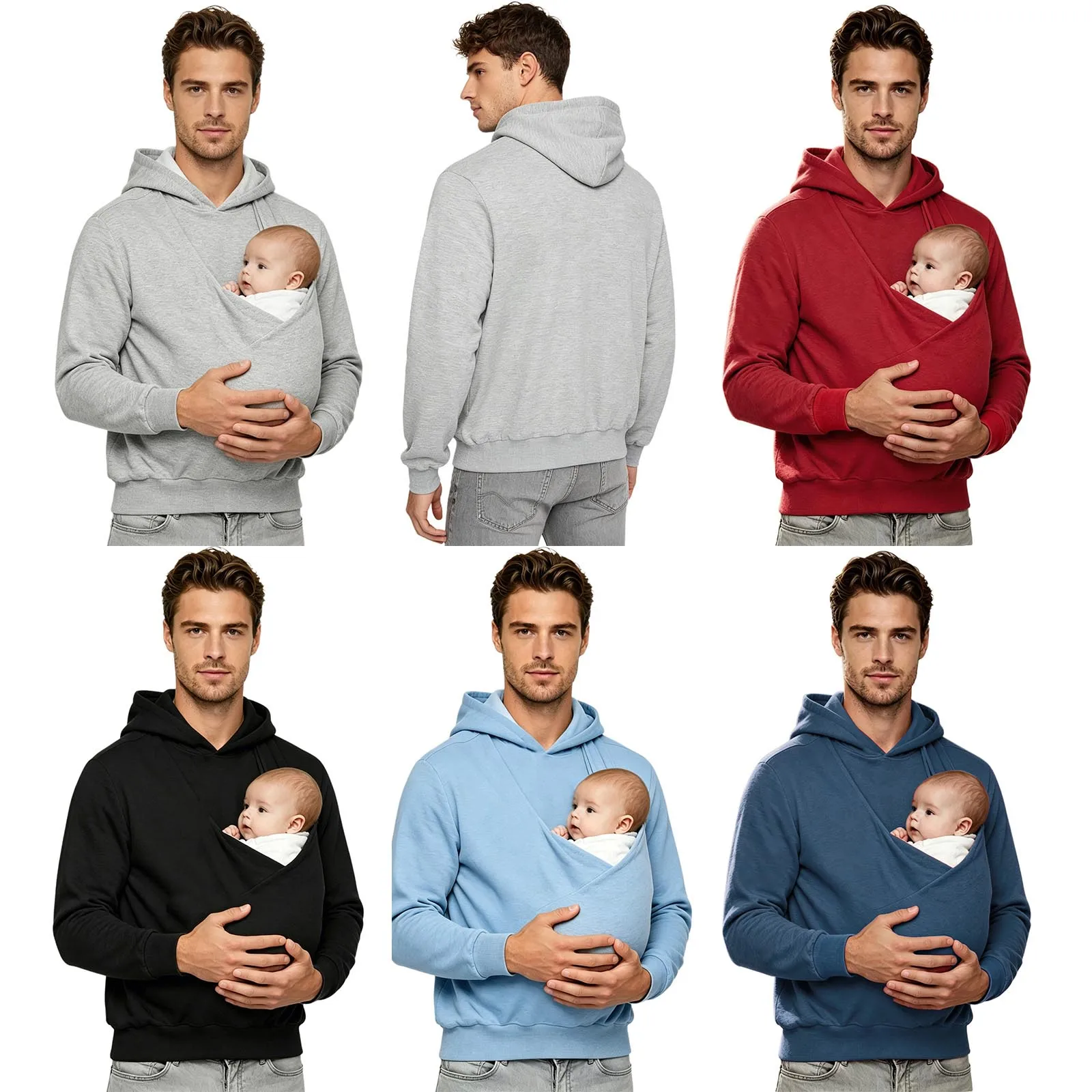 Herren-Känguru-Hoodie für Väter und Babytragen, einfarbig, mit großer Tasche vorne, Kapuzen-Sweatshirt, lässiger Langarm-Pullover – Detail 1