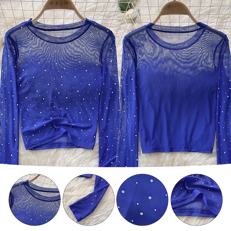 Women Chic Rhinestone Mesh Sheer Long Sleeve Crop Tops Slim Fit Sexy See Through T-shirts Fashion Party Nightclub T-shirt