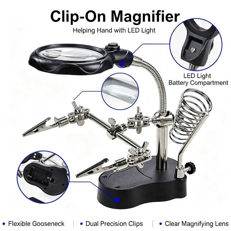 LED Lighted Magnifying Glass with Helping Hand Holder for Phone Motherboard Soldering Digital Device & Porcelain Carving Repair