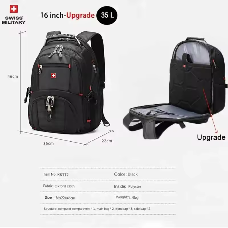 SWISS 17" Laptop Backpack Waterproof USB Charge Port Swiss-style Multifunctional Rucksack Schoolbag Mochila Hiking Travel bag - Image 10