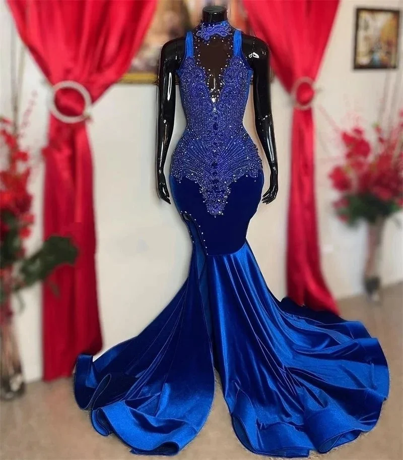 Royal Blue African American Long Prom Dresses For Black Girls Mermaid Sheer Slit Crystals Women Party Evening Gown Customized