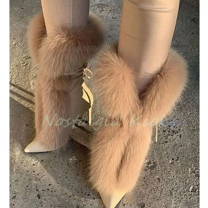 펑크 스타일 베이지색 포인티드 토 리얼 퍼 모던 부츠 레이스업 스틸레토 하이힐 섹시 스노우 부츠 여성용 우아한 미드 카프 부츠