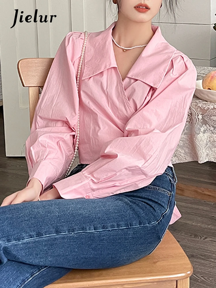 Jielur-Blusa informal con lazo rosa para mujer, blusa de estilo francés con cuello en V, manga larga de Color sólido, blusas ajustadas para mujer