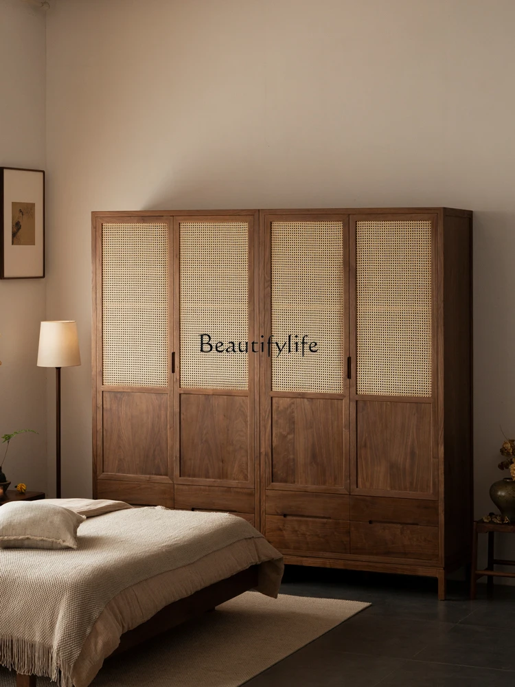 New Chinese Style Solid Wood Home Bedroom Wardrobe Cabinet Black Walnut Simple Integrated