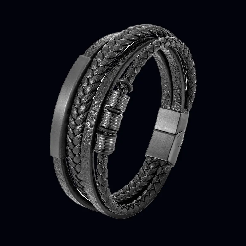 Handmade Layered Braided Leather Braclet for Men Metal Beads Charm Cuff Bracelet Wristband Male Leather Bangle Hand Jewelry Gift