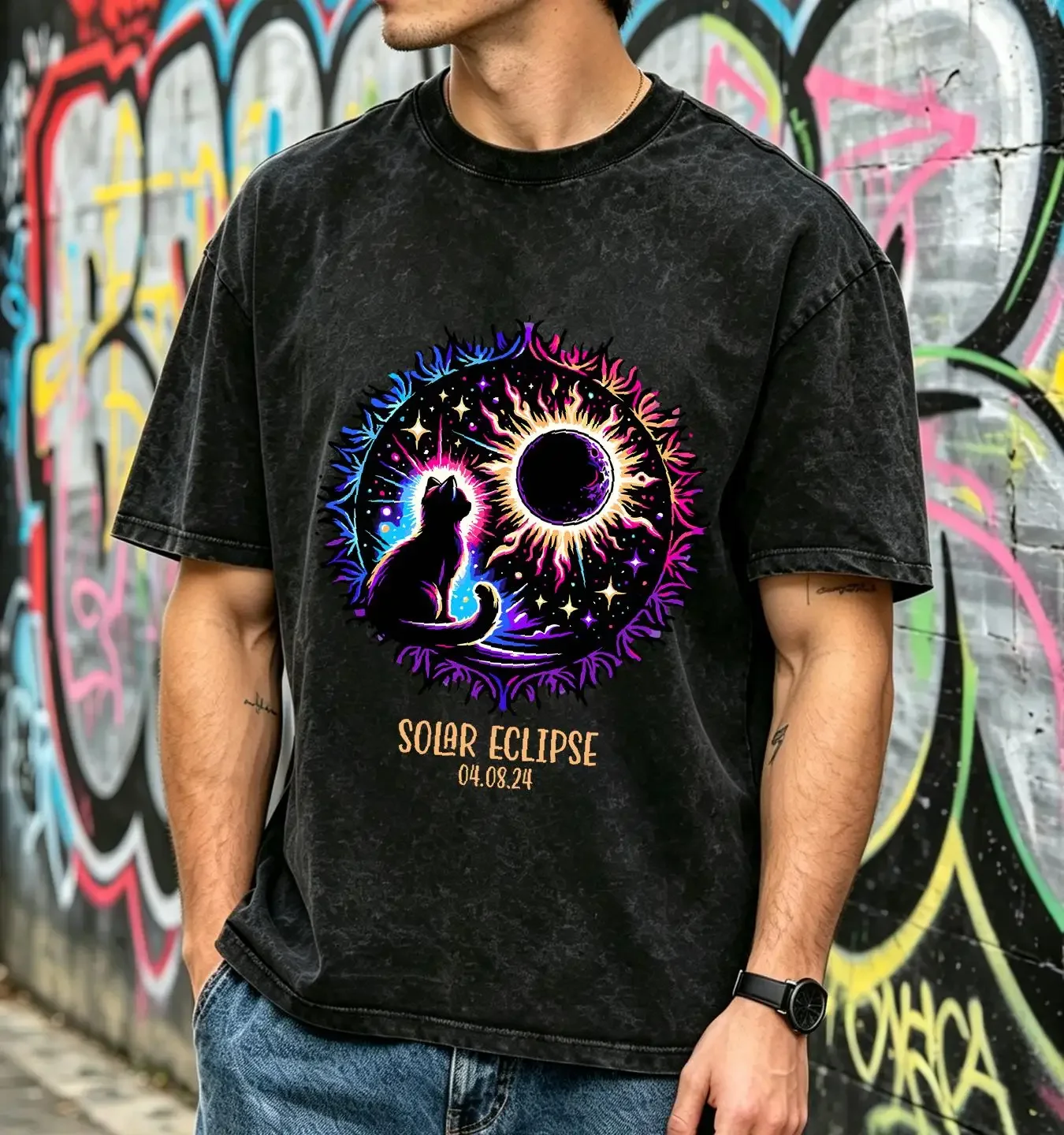 washed T Shirt View Totality April 8 2024 Astronomy Cat Lover Solar Eclipse long or short sleeves vintage Washed