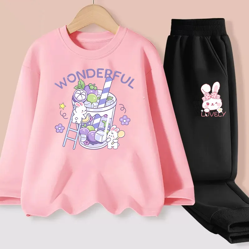 Niedliches Kaninchen-Milch-Tee-Outfit, Kleidung für Kinder, Cartoon-Langarm-T-Shirt, Hosen, Baby-Mädchen, Baumwollkostüm-Sets