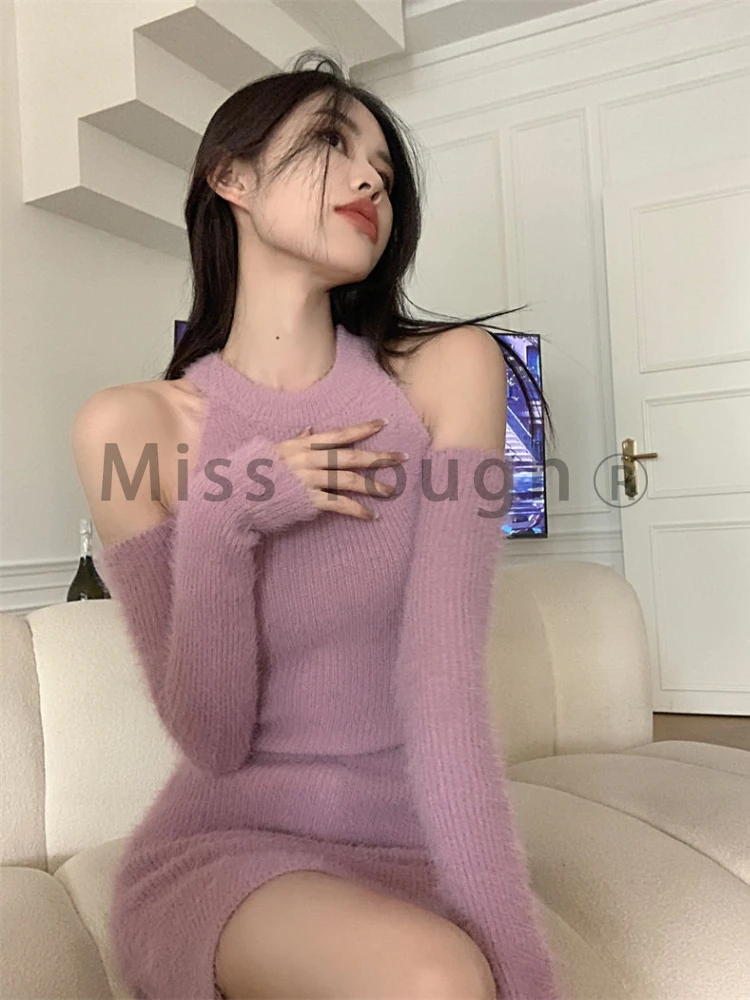 Winter Purple Vintage Knitted Dress Women Off Shoulder Elegant Mini Dress Female Korean Fashion Designer Y2k Party Dress 2023