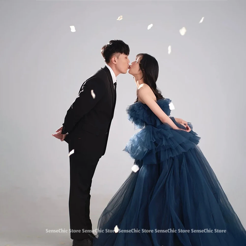 2025 블루 프린세스 프롬 드레스, 스트랩리스 티어드 튤 러플 생일 파티 스윕 트레인 볼 가운 드레스 (여성 맞춤 제작)