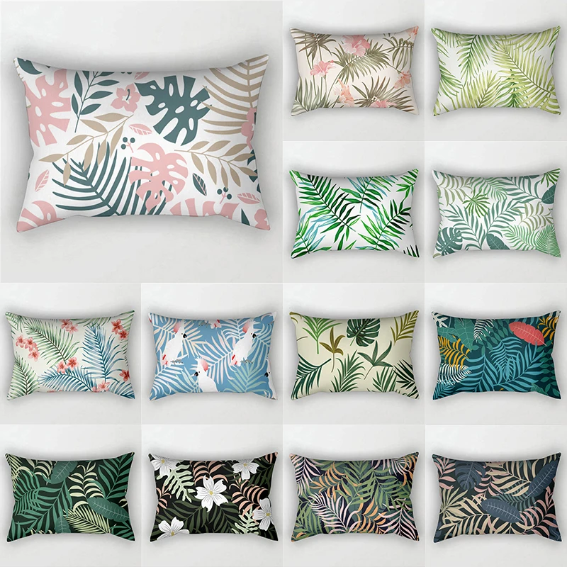 Green Tropical Leaf Flower Sofa Pillowcase With Black Printed Cushion Cover 30x50cm Bedroom Decor