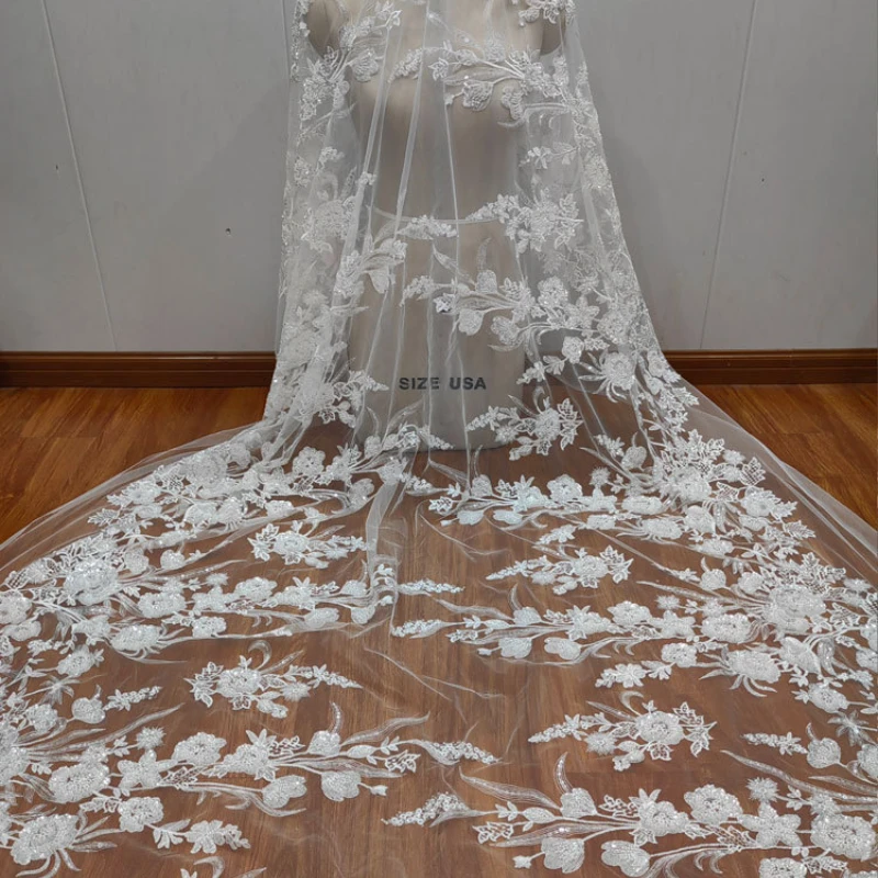 High Quality Embroidery Leaf White Bead Sequin Mesh Wedding Dress DIY Lace Fabric Clothing Accessories