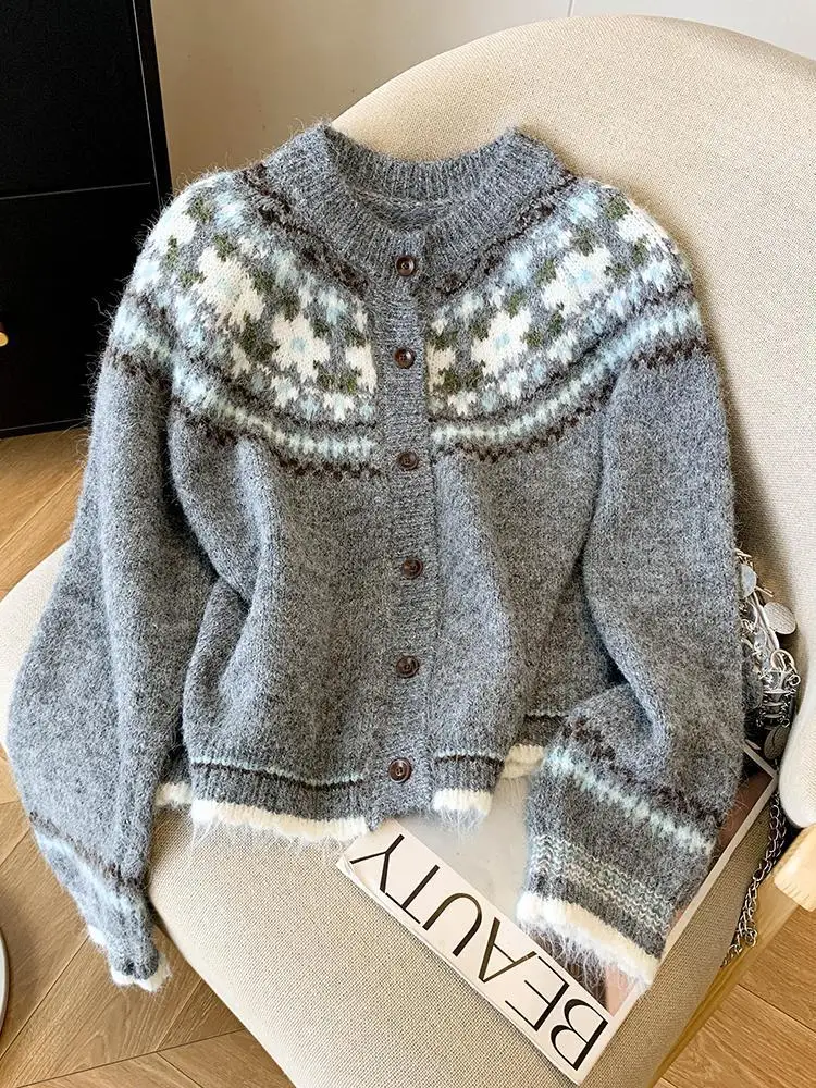

Autumn Winter Vintage Grey Blue Patchwork Round Neck Cardigans Sweaters Women Long Sleeve Single Breasted Knitted Tops Popular