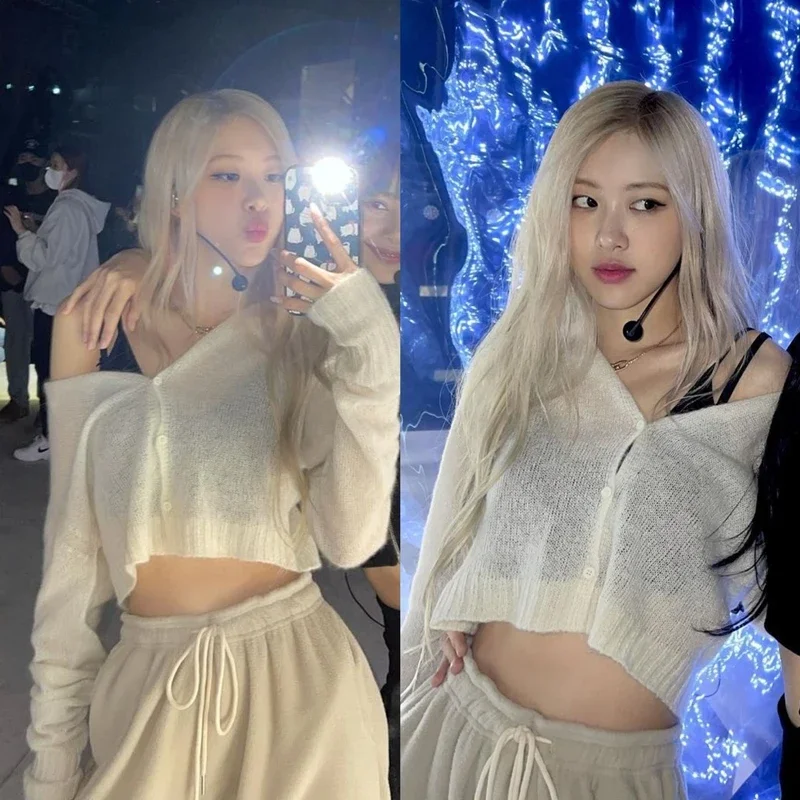 Kpop  Female Singer Jazz Dancer Clothes White Long Sleeve Thin Sweaters Crop Tops Women Group Outfit Stage Performance Clothing